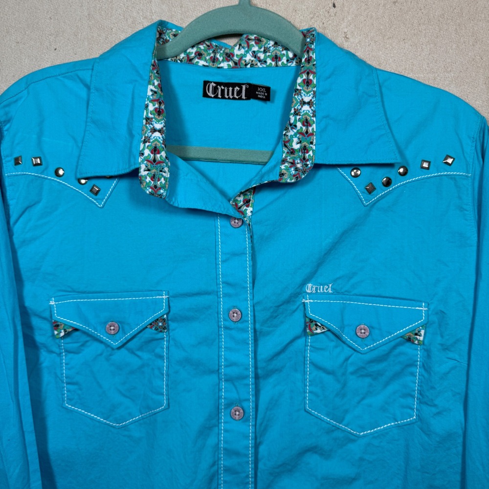 Cruel Girl Western Shirt Womens XXL Turquoise Blue Studded Button Down Long